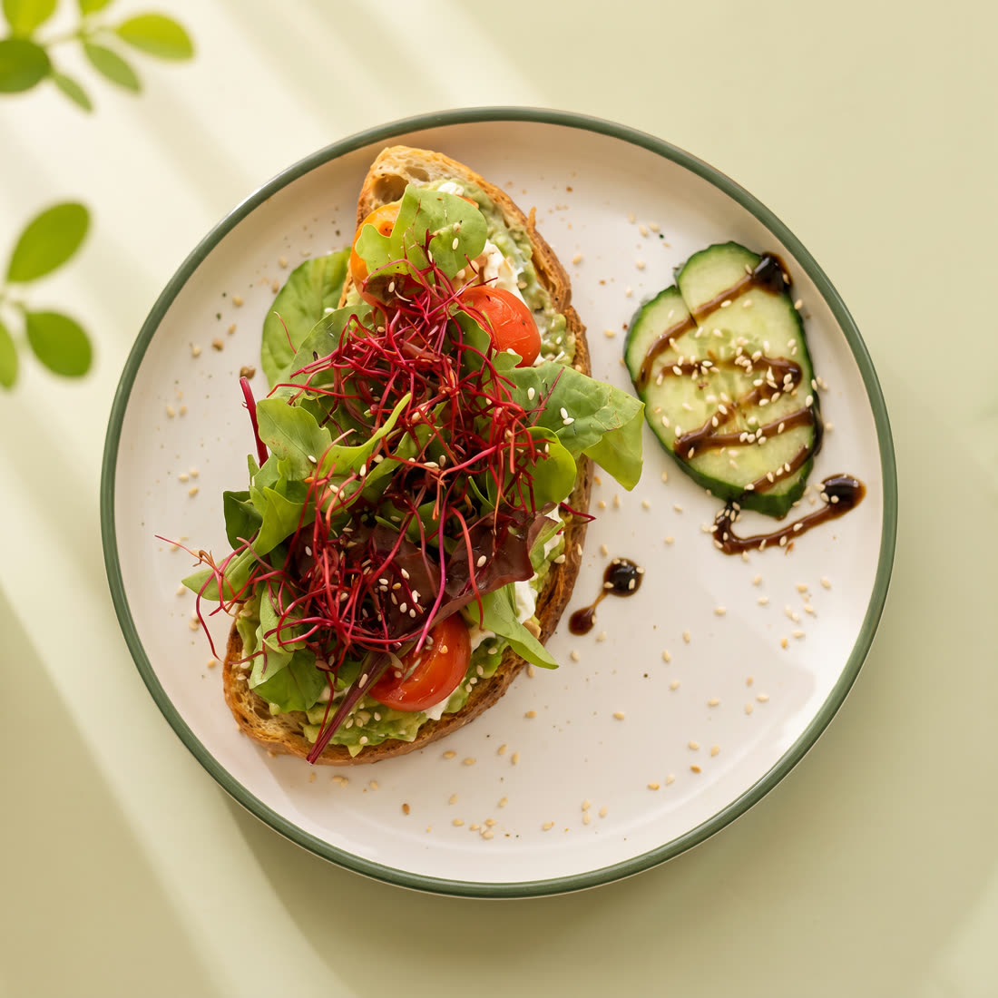 Avocado-Bread mit Mikrosprossen, Gurke und Balsamico auf dem Teller